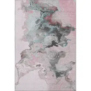 Photo of Pink Blue And Silver Abstract Washable Area Rug With UV Protection