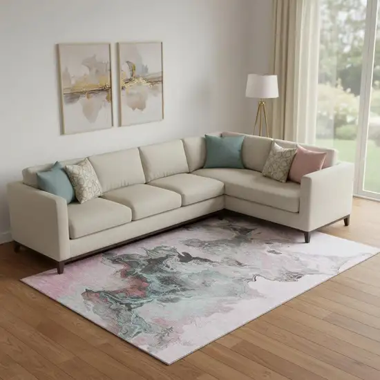 Pink Blue And Silver Abstract Washable Area Rug With UV Protection Photo 2