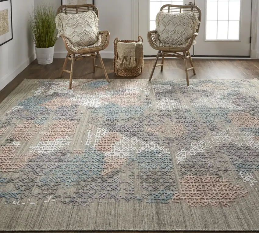 Pink Blue And Taupe Abstract Hand Woven Area Rug Photo 7