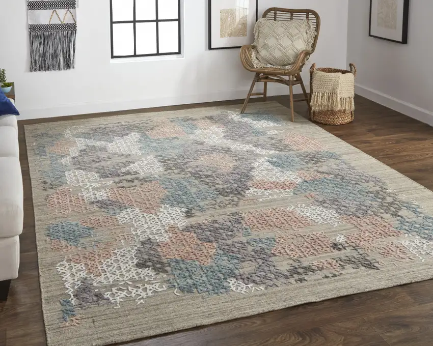 Pink Blue And Taupe Abstract Hand Woven Area Rug Photo 6