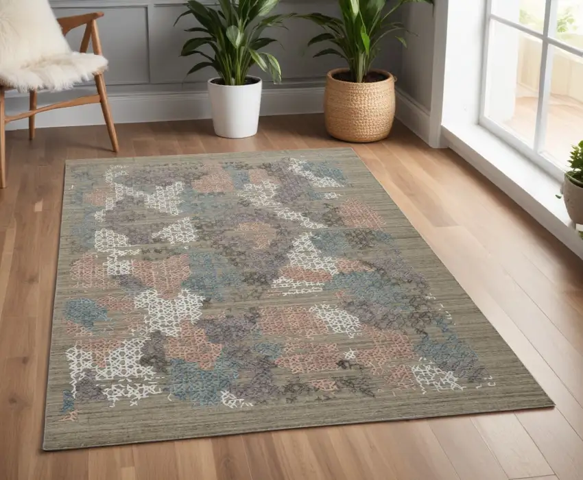 Pink and Blue Abstract Hand Woven Distressed Area Rug Photo 1
