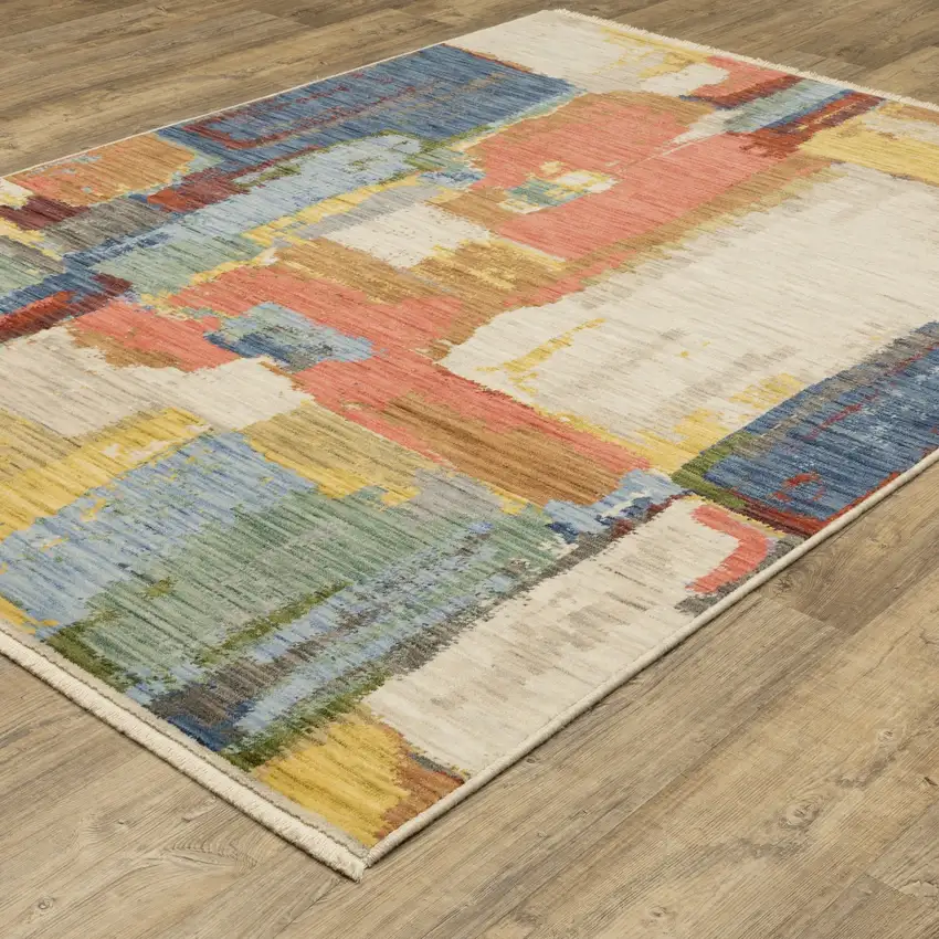 Pink Blue And Yellow Abstract Area Rug With Fringe Photo 4