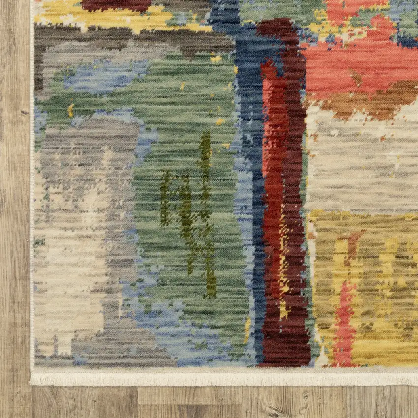 Pink Blue And Yellow Abstract Area Rug With Fringe Photo 7