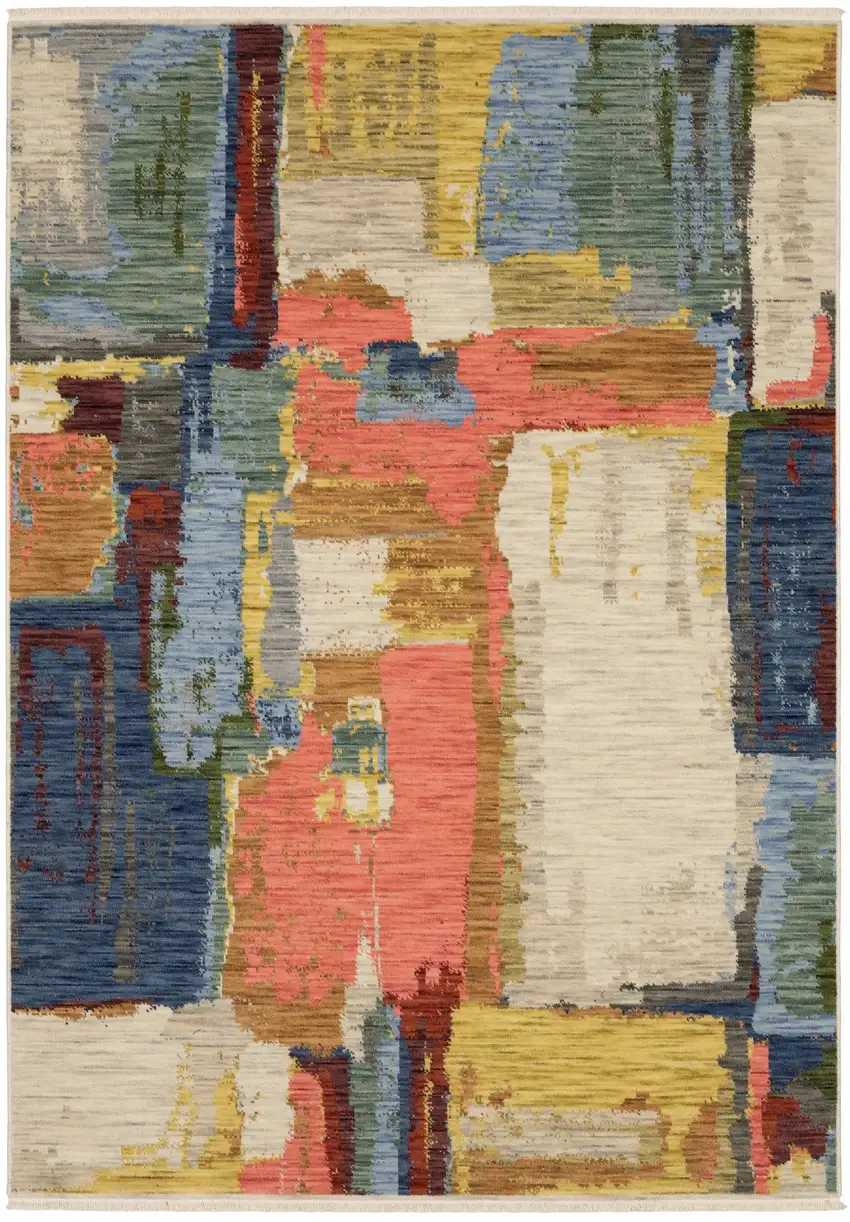 Pink Blue And Yellow Abstract Area Rug With Fringe Photo 5