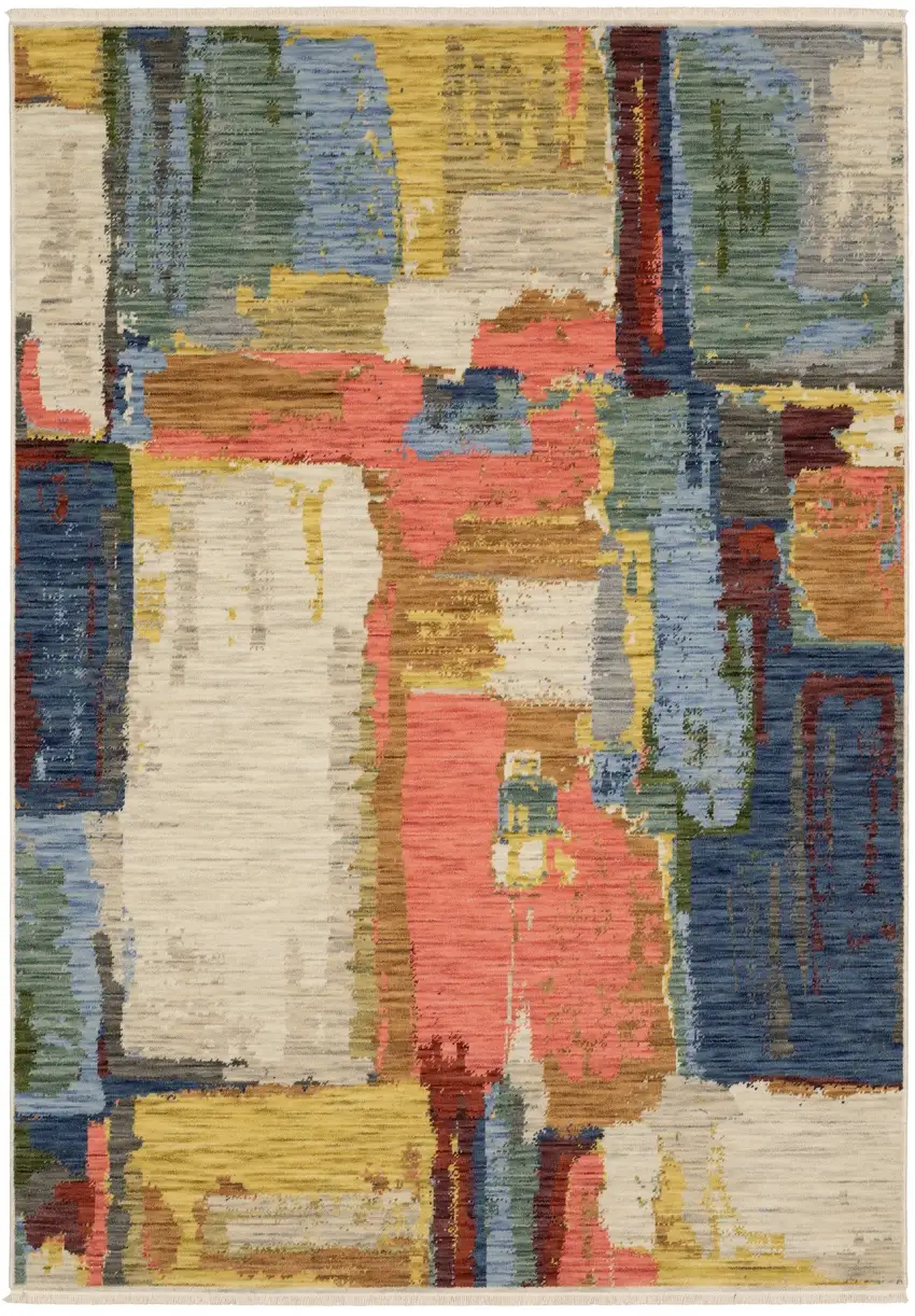 Pink Blue And Yellow Abstract Area Rug With Fringe Photo 2