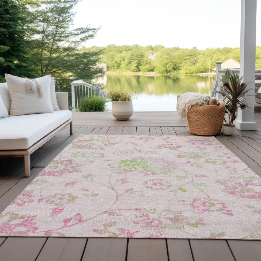 Pink Blush And Artichoke Green Floral Washable Indoor Outdoor Area Rug Photo 9