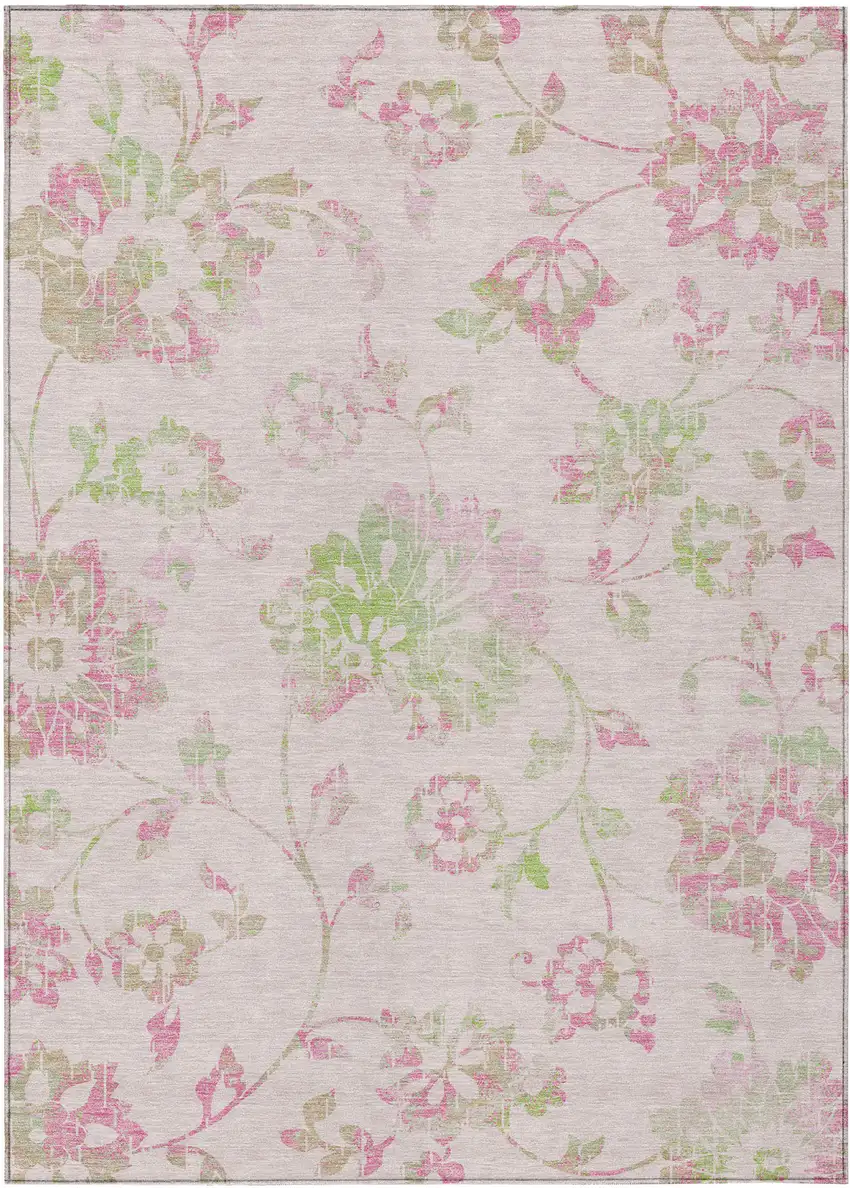 Pink Blush And Artichoke Green Floral Washable Indoor Outdoor Area Rug Photo 2