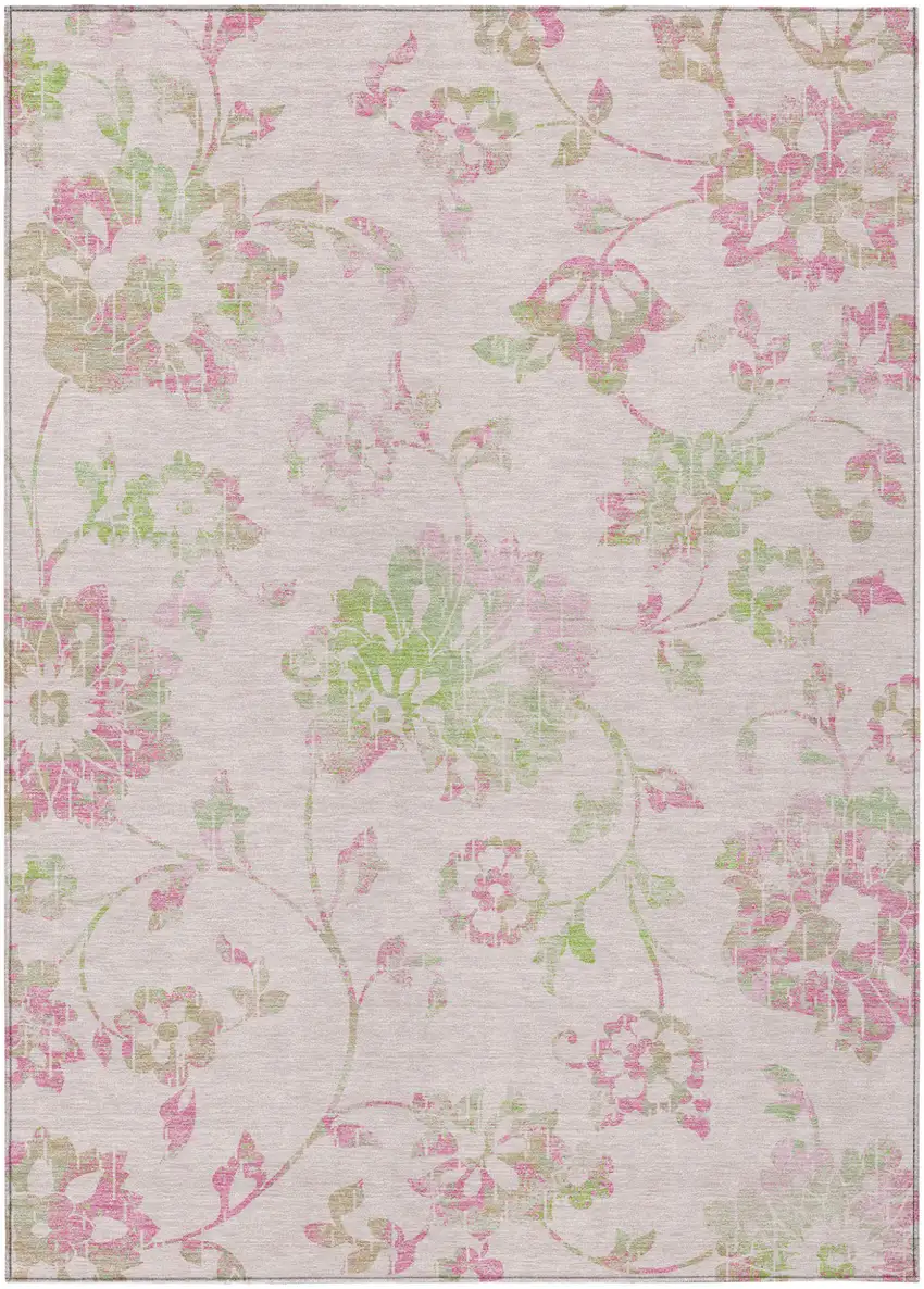 Pink Blush And Artichoke Green Floral Washable Indoor Outdoor Area Rug Photo 2