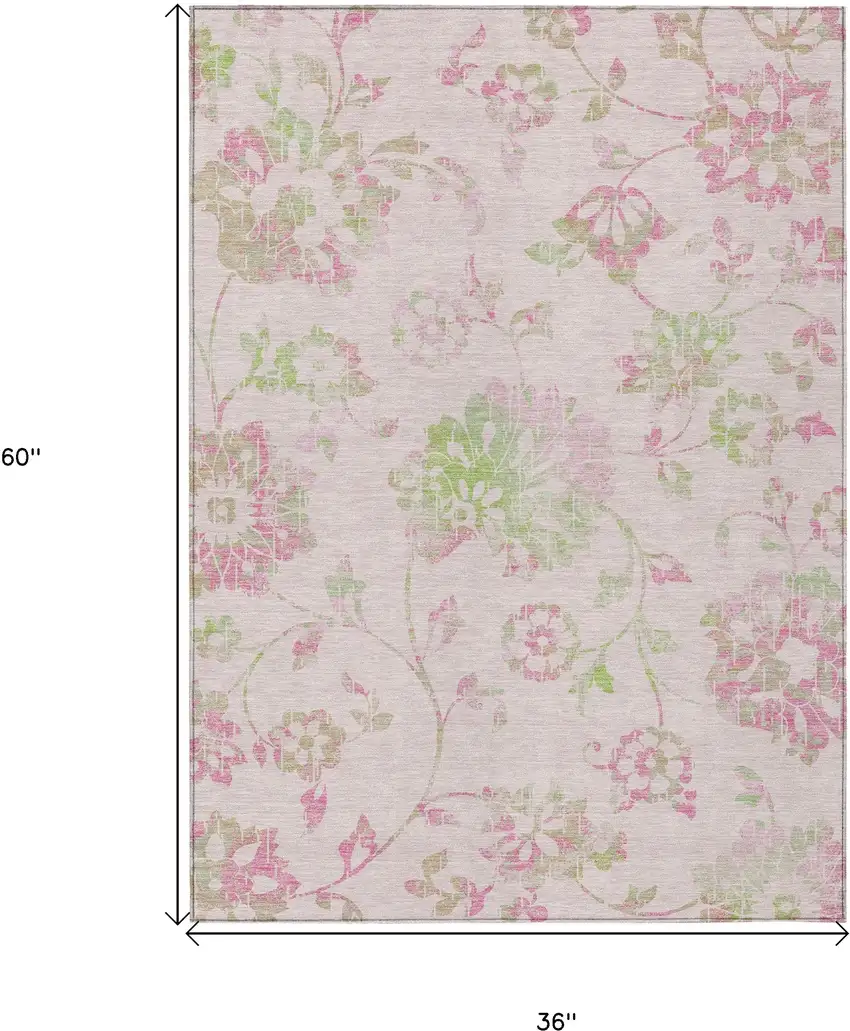 Pink Blush And Artichoke Green Floral Washable Indoor Outdoor Area Rug Photo 3