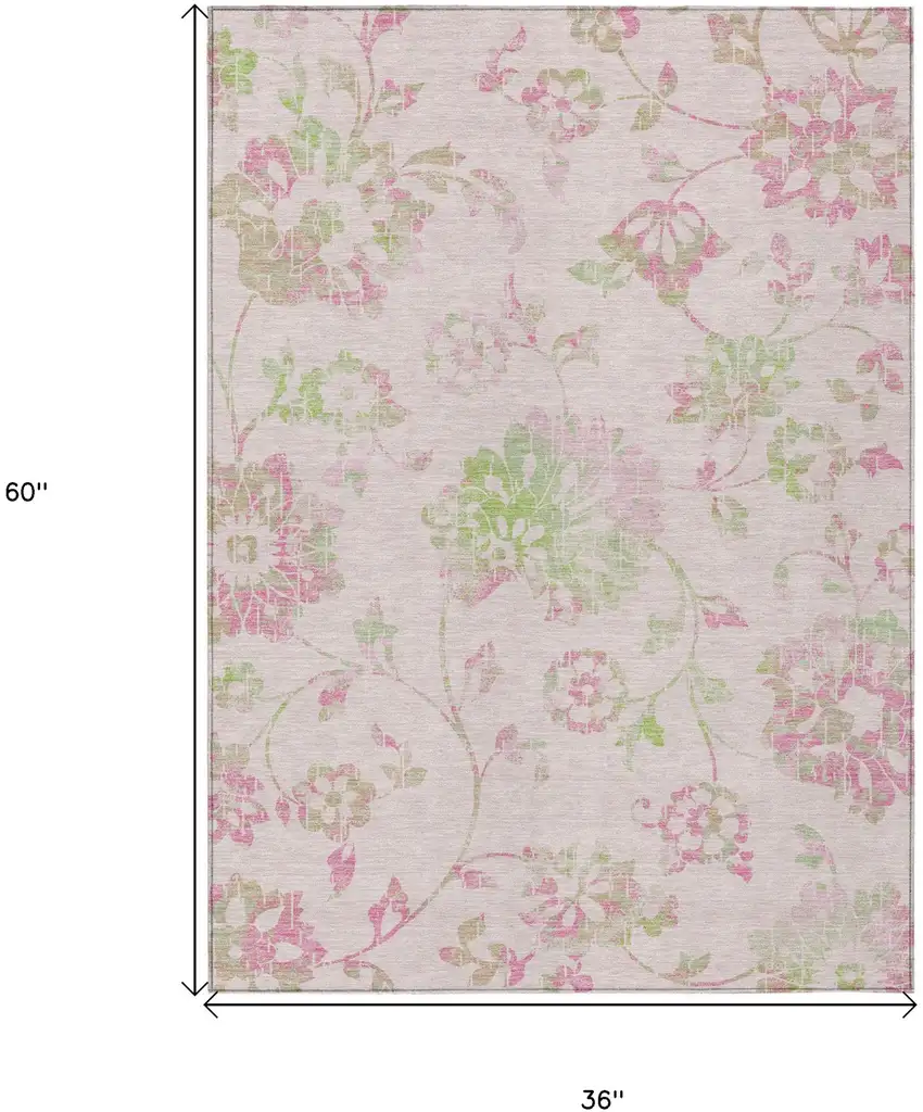 Pink Blush And Artichoke Green Floral Washable Indoor Outdoor Area Rug Photo 3