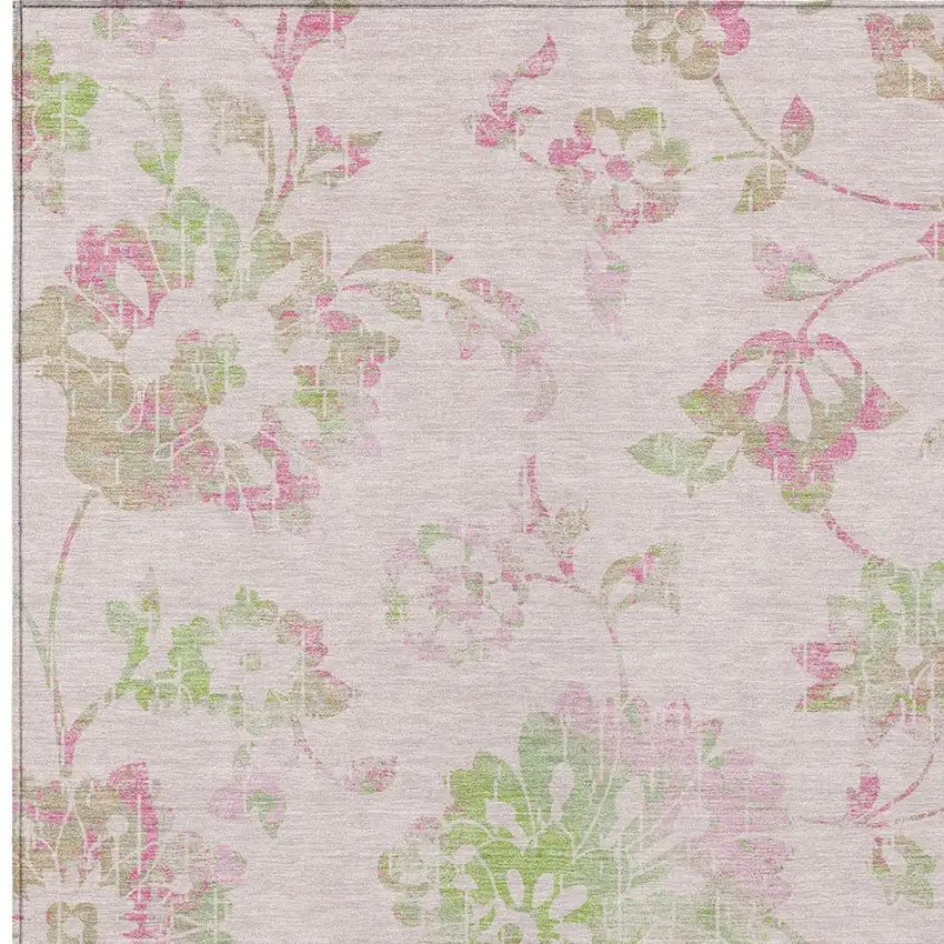 Pink Blush And Artichoke Green Floral Washable Indoor Outdoor Area Rug Photo 7