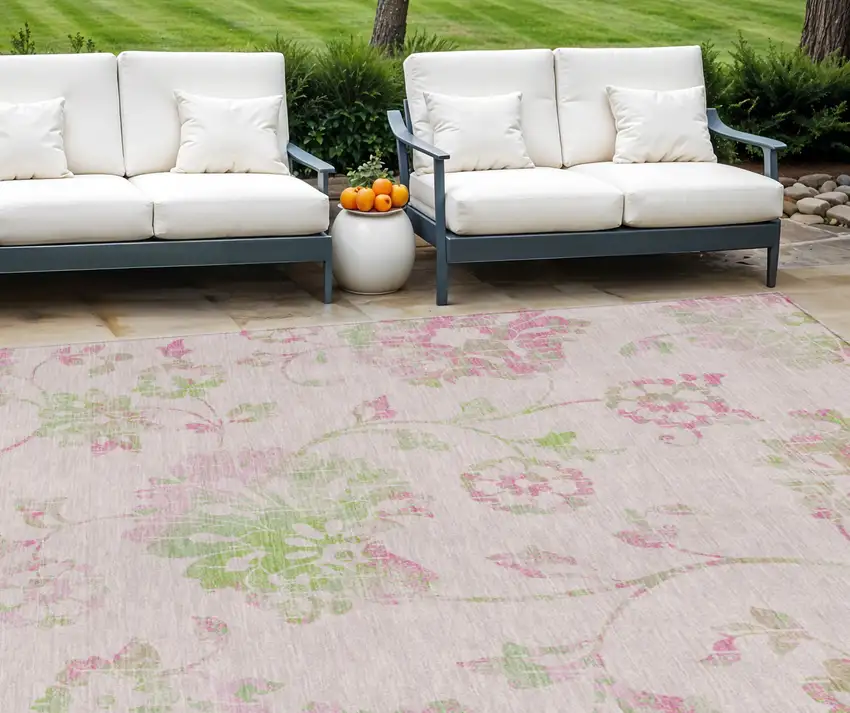 Pink Blush And Artichoke Green Floral Washable Indoor Outdoor Area Rug Photo 1