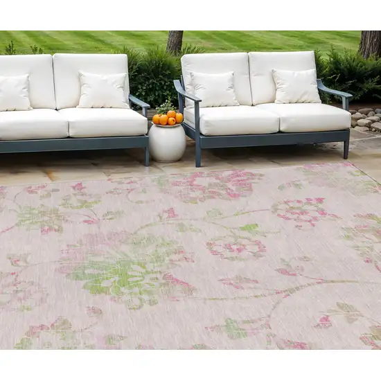 Pink Blush And Artichoke Green Floral Washable Indoor Outdoor Area Rug Photo 1