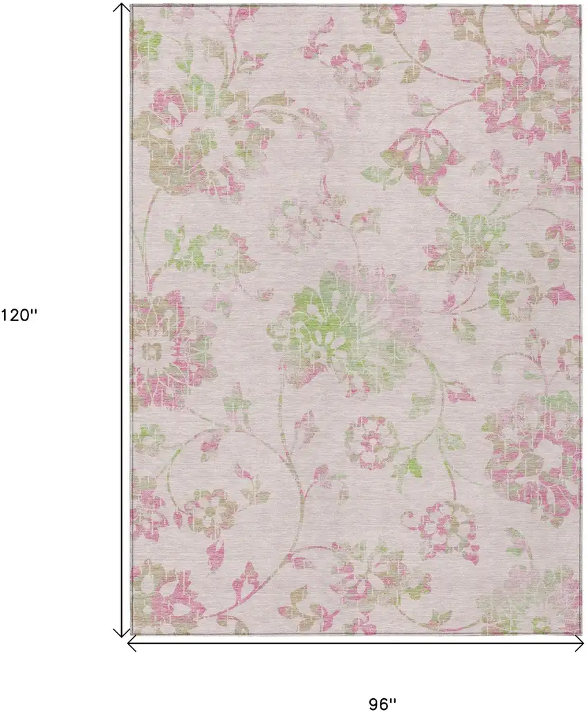 Pink Blush And Artichoke Green Floral Washable Indoor Outdoor Area Rug Photo 3