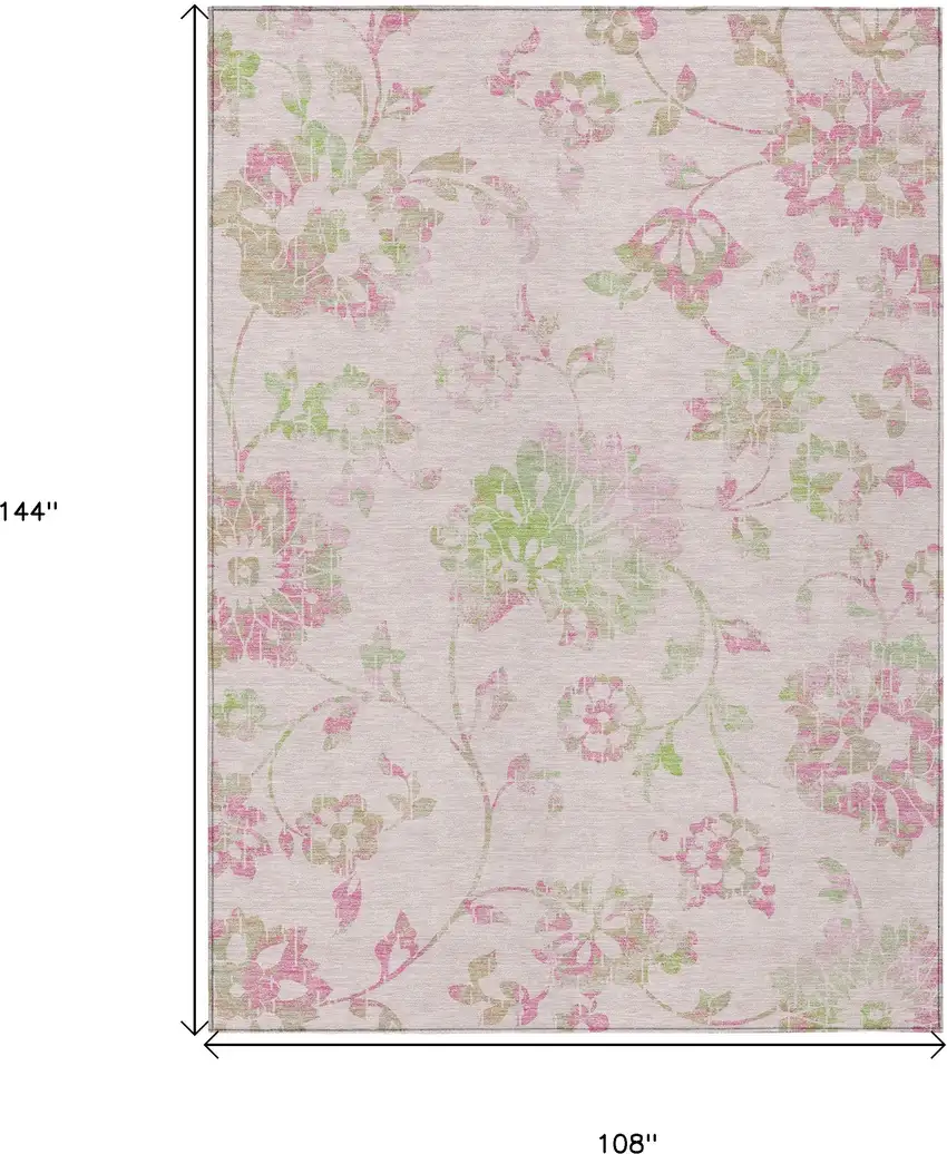 Pink Blush And Artichoke Green Floral Washable Indoor Outdoor Area Rug Photo 3