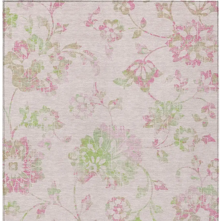 Pink Blush And Artichoke Green Floral Washable Indoor Outdoor Area Rug Photo 7
