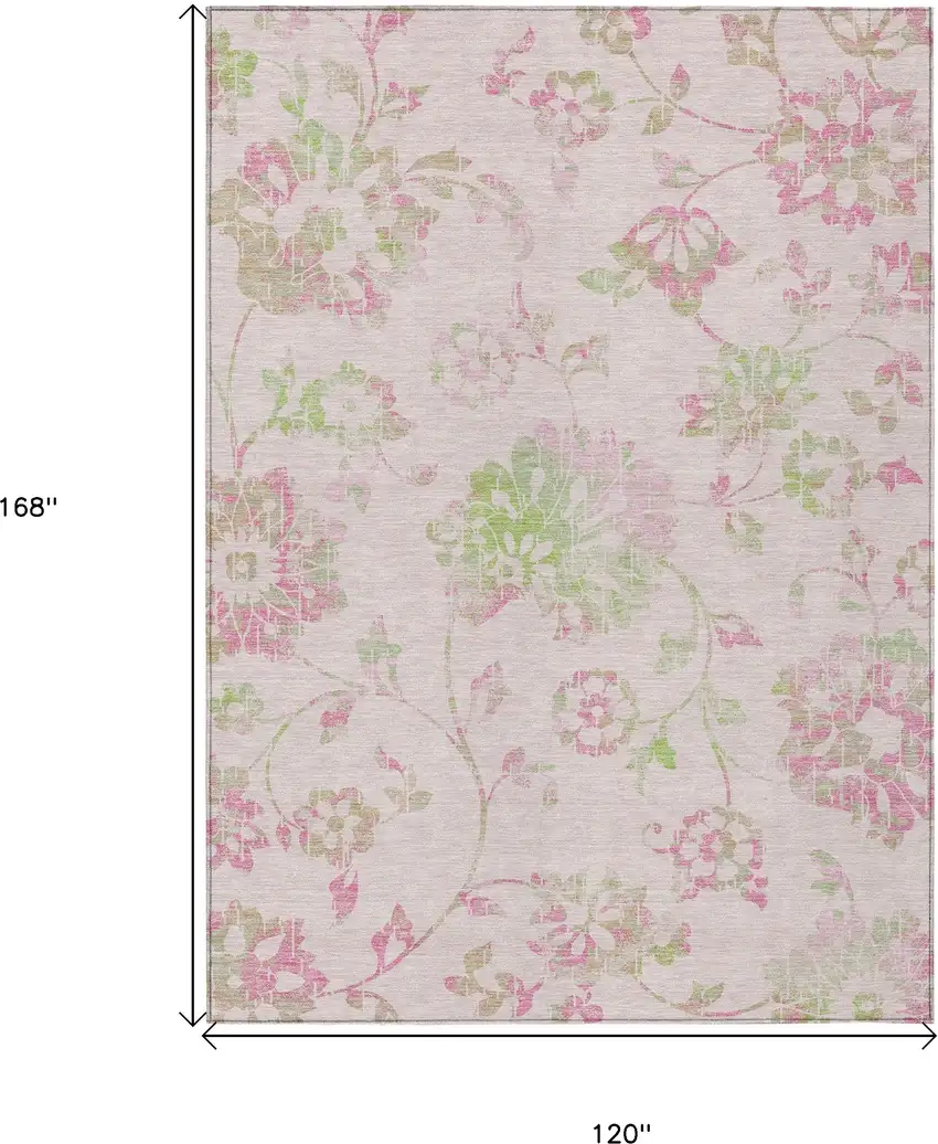 Pink Blush And Artichoke Green Floral Washable Indoor Outdoor Area Rug Photo 3