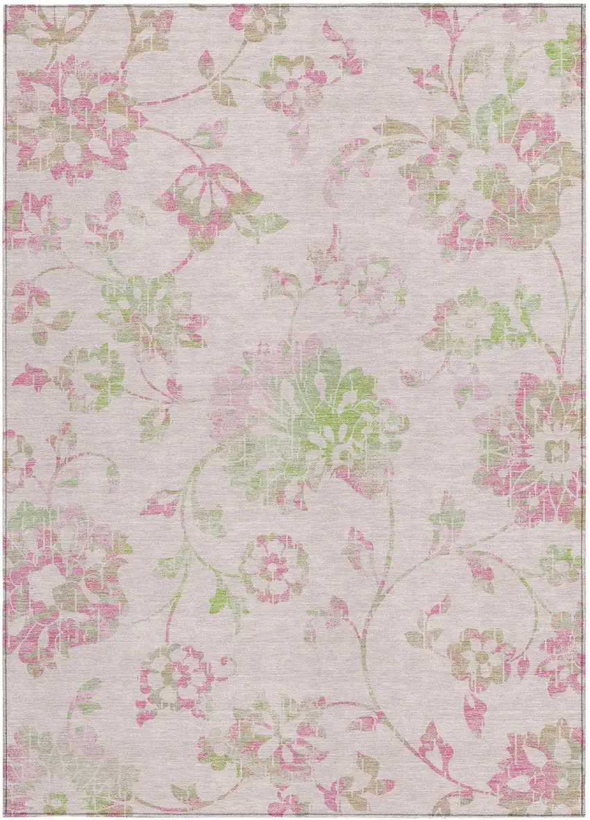 Pink Blush And Artichoke Green Floral Washable Indoor Outdoor Area Rug Photo 8