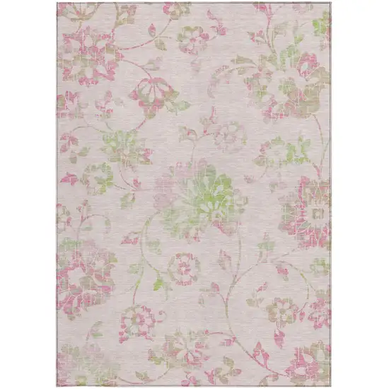 Pink Blush And Artichoke Green Floral Washable Indoor Outdoor Area Rug Photo 8