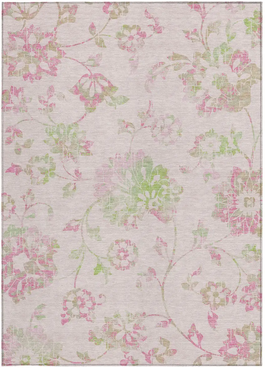 Pink Blush And Artichoke Green Floral Washable Indoor Outdoor Area Rug Photo 8