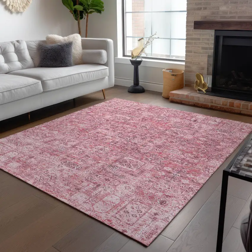 Pink Blush And Charcoal Floral Washable Indoor Outdoor Area Rug Photo 9