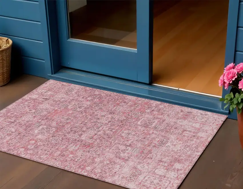 Pink Blush And Charcoal Floral Washable Indoor Outdoor Area Rug Photo 1