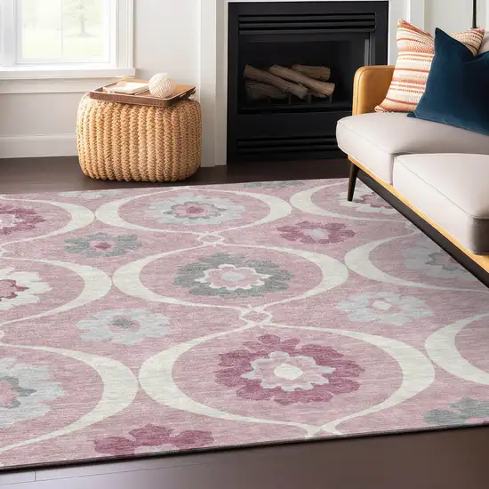 Pink Blush And Gray Medallion Washable Indoor Outdoor Area Rug Photo 9