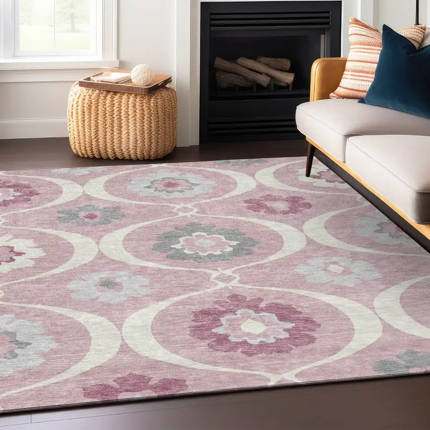 Pink Blush And Gray Medallion Washable Indoor Outdoor Area Rug Photo 9