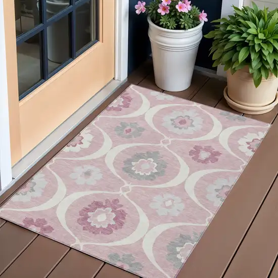 Pink Blush And Gray Medallion Washable Indoor Outdoor Area Rug Photo 1