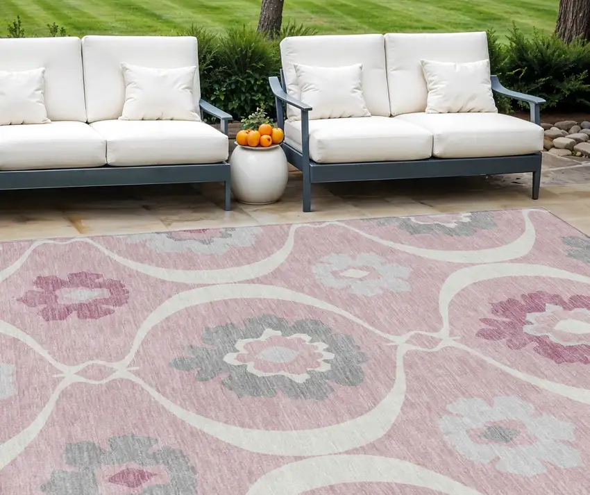 Pink Blush And Gray Medallion Washable Indoor Outdoor Area Rug Photo 1