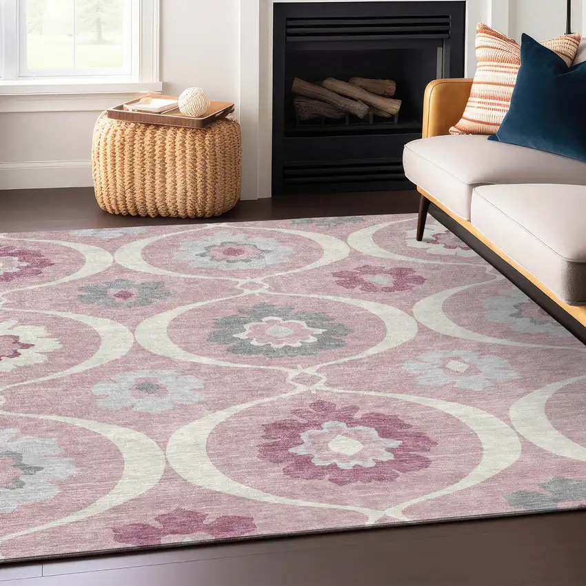 Pink Blush And Gray Medallion Washable Indoor Outdoor Area Rug Photo 9