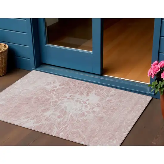 Pink Blush And Ivory Abstract Washable Indoor Outdoor Area Rug Photo 1