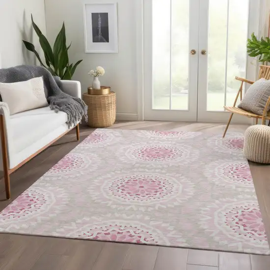Pink Blush And Ivory Floral Medallion Washable Indoor Outdoor Area Rug Photo 8
