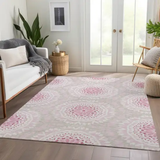 Pink Blush And Ivory Floral Medallion Washable Indoor Outdoor Area Rug Photo 8
