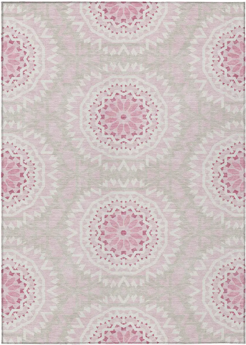 Pink Blush And Ivory Floral Medallion Washable Indoor Outdoor Area Rug Photo 2