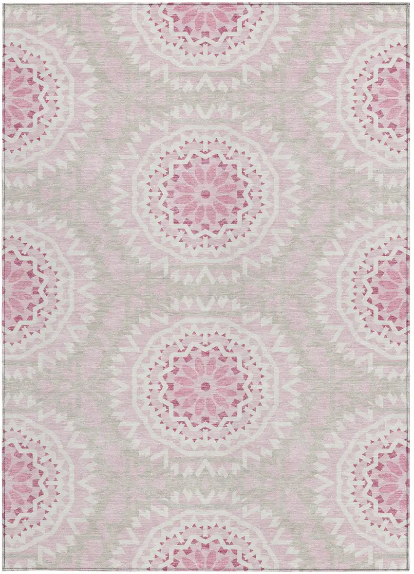 Pink Blush And Ivory Floral Medallion Washable Indoor Outdoor Area Rug Photo 6