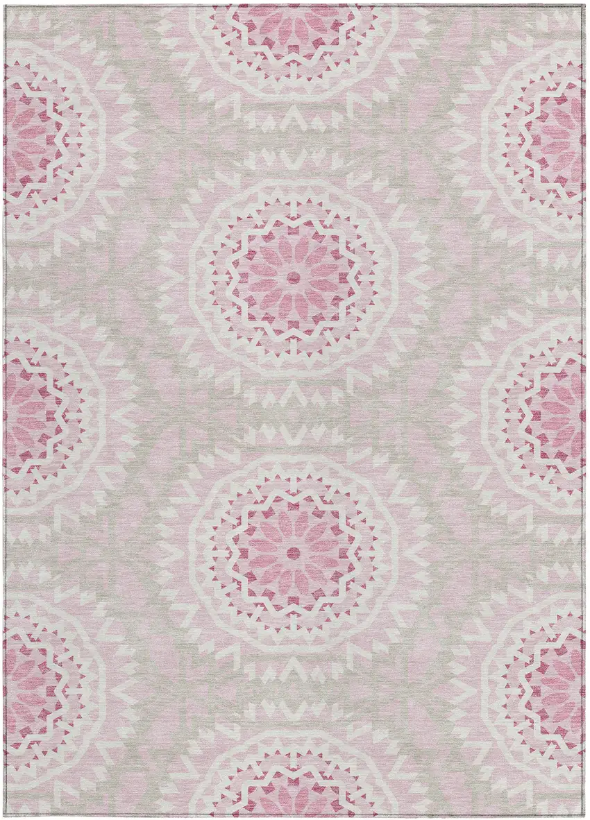 Pink Blush And Ivory Floral Medallion Washable Indoor Outdoor Area Rug Photo 6