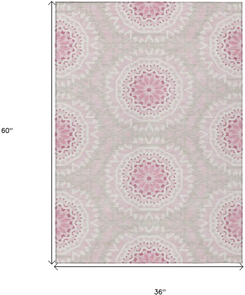 Pink Blush And Ivory Floral Medallion Washable Indoor Outdoor Area Rug Photo 3