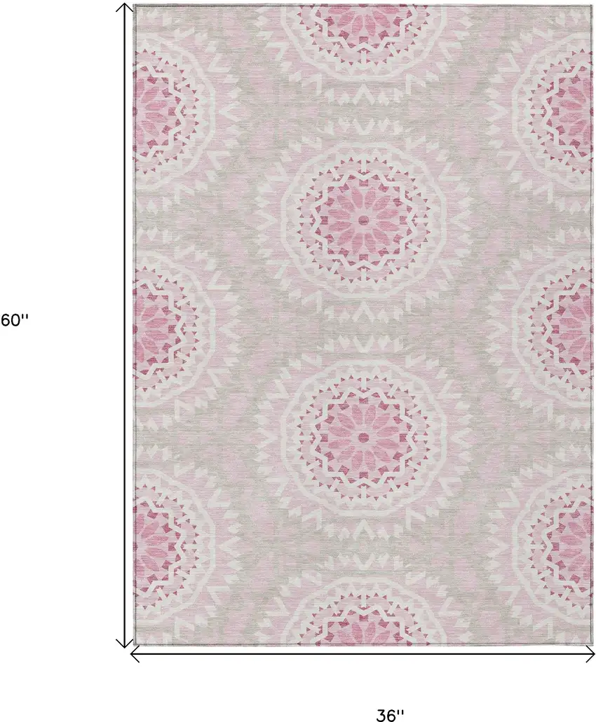 Pink Blush And Ivory Floral Medallion Washable Indoor Outdoor Area Rug Photo 3