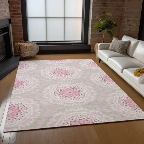 Pink Blush And Ivory Floral Medallion Washable Indoor Outdoor Area Rug Photo 9
