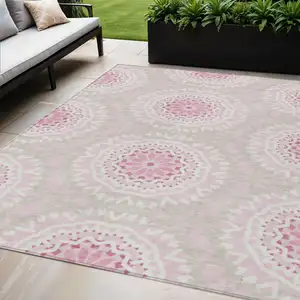 Photo of Pink Blush And Ivory Floral Medallion Washable Indoor Outdoor Area Rug