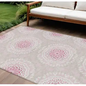 Photo of Pink Blush And Ivory Floral Medallion Washable Indoor Outdoor Area Rug