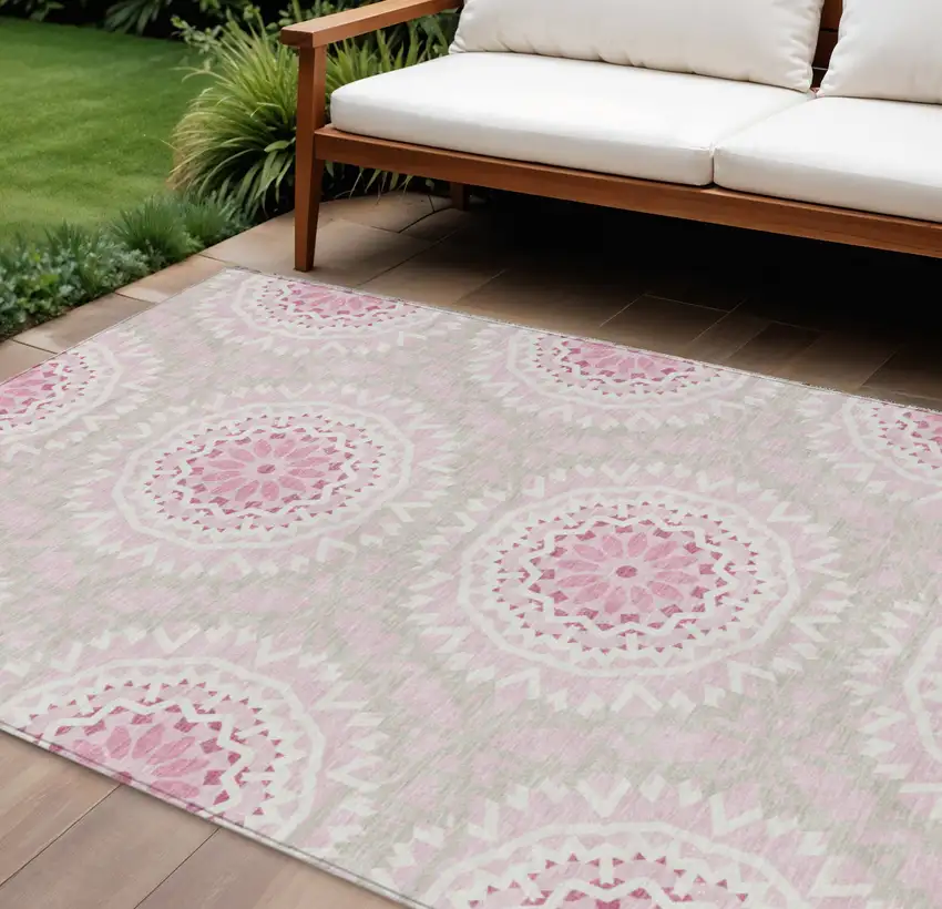 Pink Blush And Ivory Floral Medallion Washable Indoor Outdoor Area Rug Photo 1