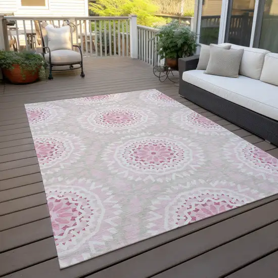 Pink Blush And Ivory Floral Medallion Washable Indoor Outdoor Area Rug Photo 9