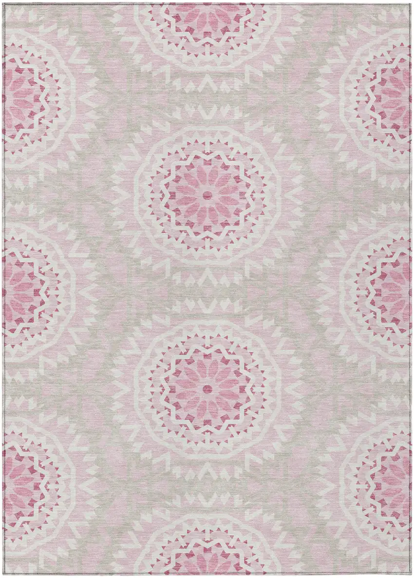 Pink Blush And Ivory Floral Medallion Washable Indoor Outdoor Area Rug Photo 2
