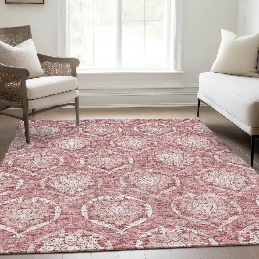 Pink Blush And Ivory Medallion Washable Indoor Outdoor Area Rug Photo 9