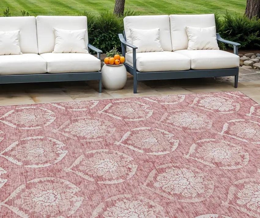 Pink Blush And Ivory Medallion Washable Indoor Outdoor Area Rug Photo 1
