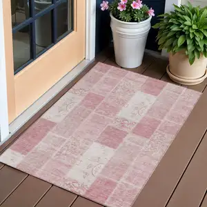 Photo of Pink Blush And Ivory Patchwork Washable Indoor Outdoor Area Rug