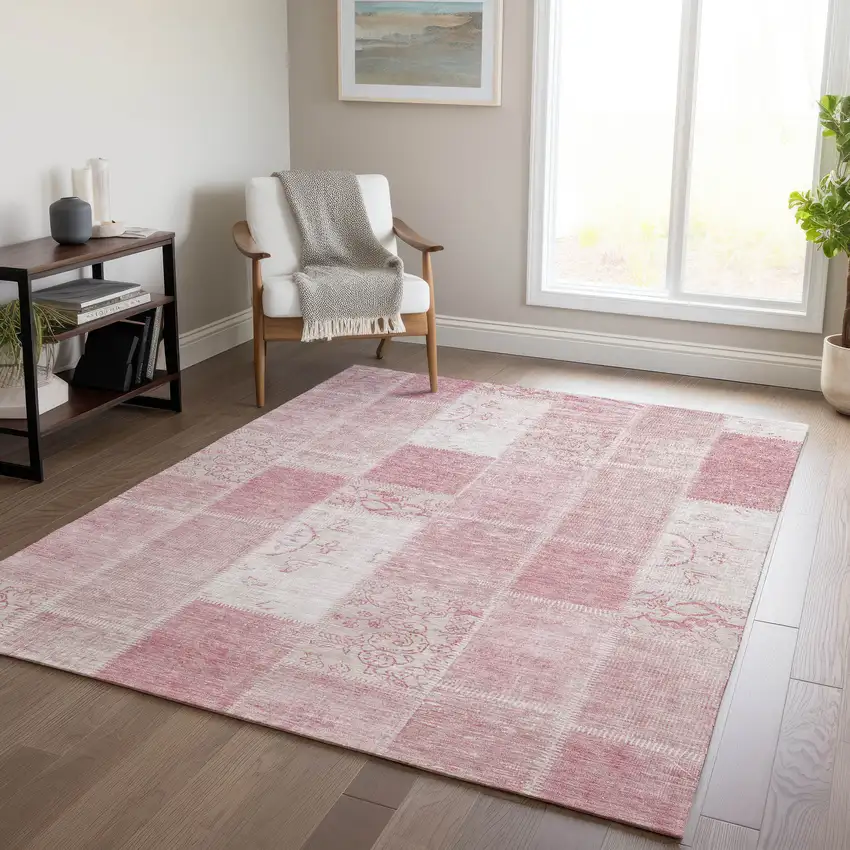 Pink Blush And Ivory Patchwork Washable Indoor Outdoor Area Rug Photo 8