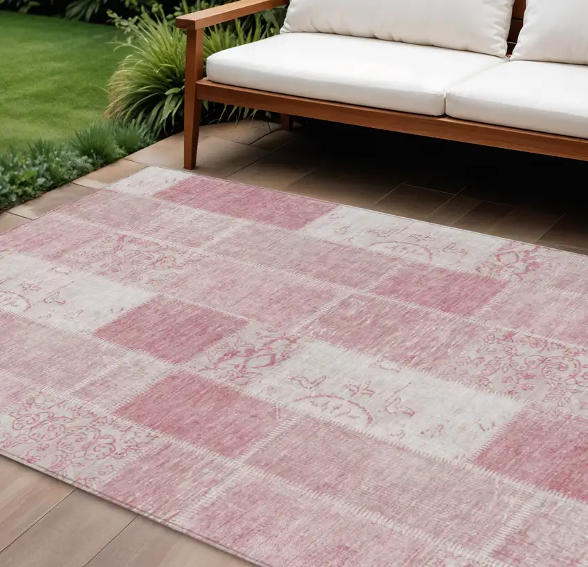 Pink Blush And Ivory Patchwork Washable Indoor Outdoor Area Rug Photo 1